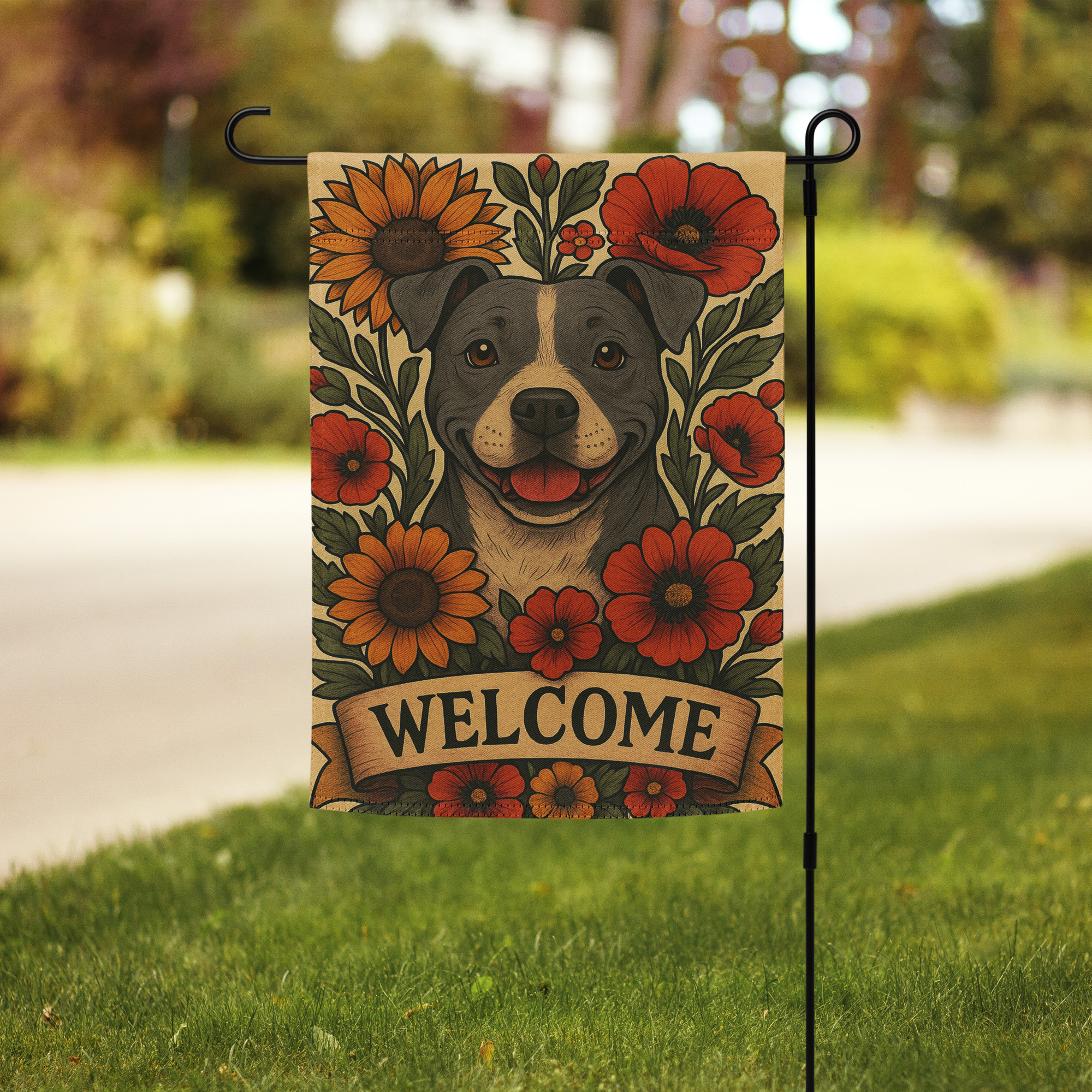Floral Pitbull Welcome Garden flag